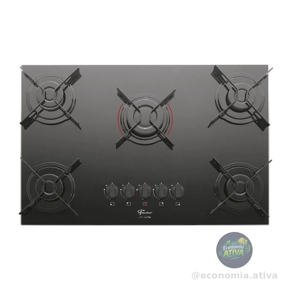 FISCHER COOKTOP À GÁS 5 BOCAS FIT LINE MESA VIDRO PRETO BIVOLT - 26343-57174