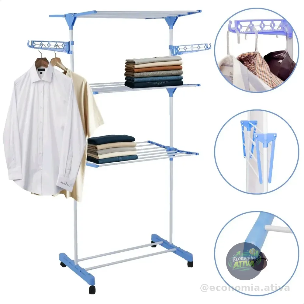 Varal De Chão Grande De Roupas 3 Andares Dobrável Cor Azul Kontuz 170 Cm