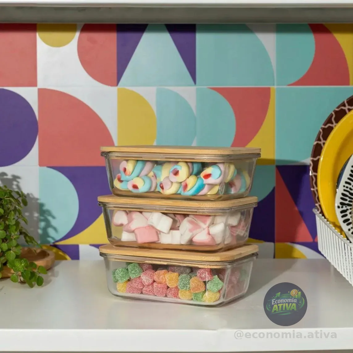 Kit 3 Potes Herméticos Vidro Tud Tampa Bambu 1 litro Retangular