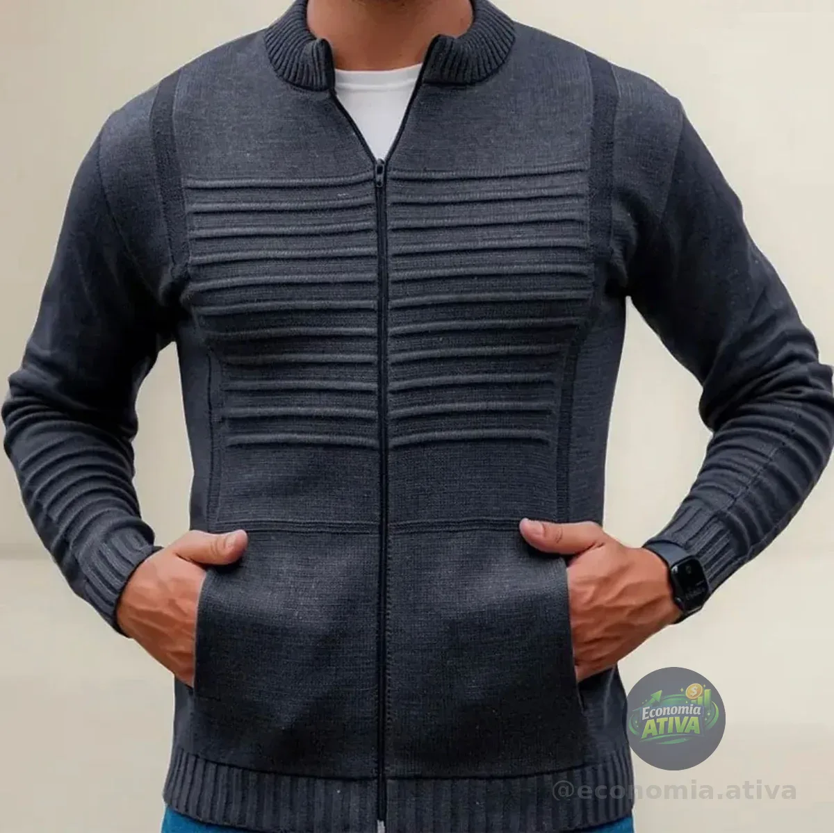 Jaqueta Masculina Em Tricô Casaco Com Bolso Ziper Lã Quente