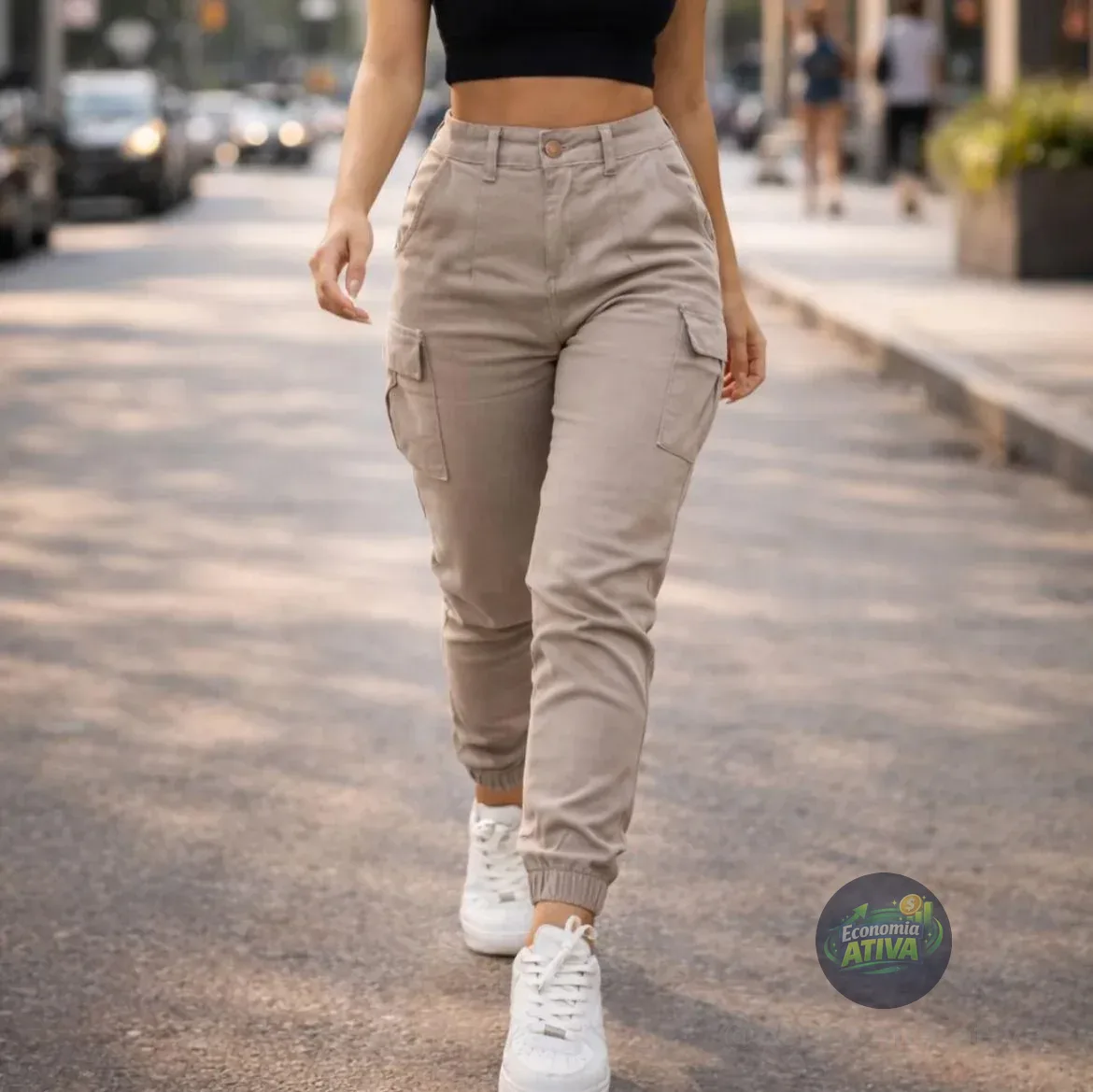 Calça Cargo Jogger Jeans Cintura Alta