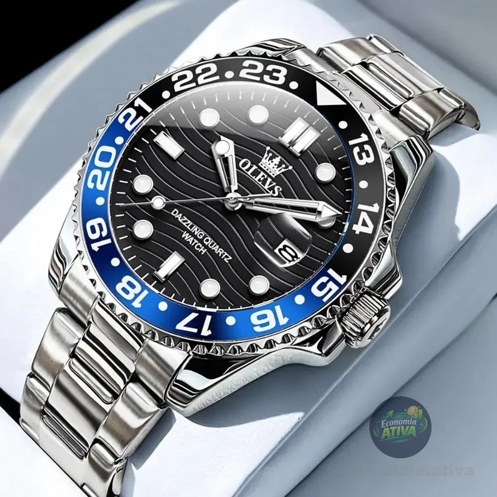 Olevs Relógio Masculino Luxo Prata Aço Quartzo 3610