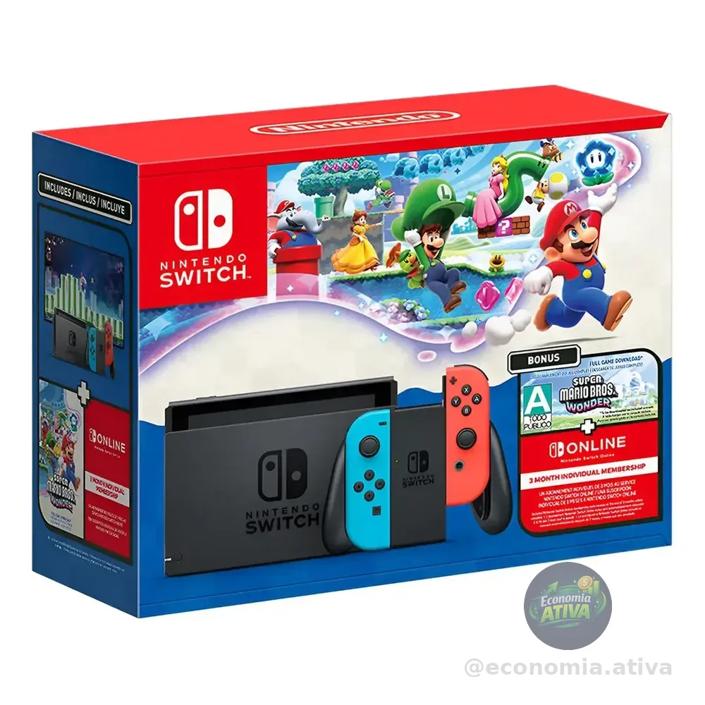 Bundle Nintendo Switch + Super Mario Bros. Wonder + 3 Meses De Assinatura Nintendo Switch Online Preto