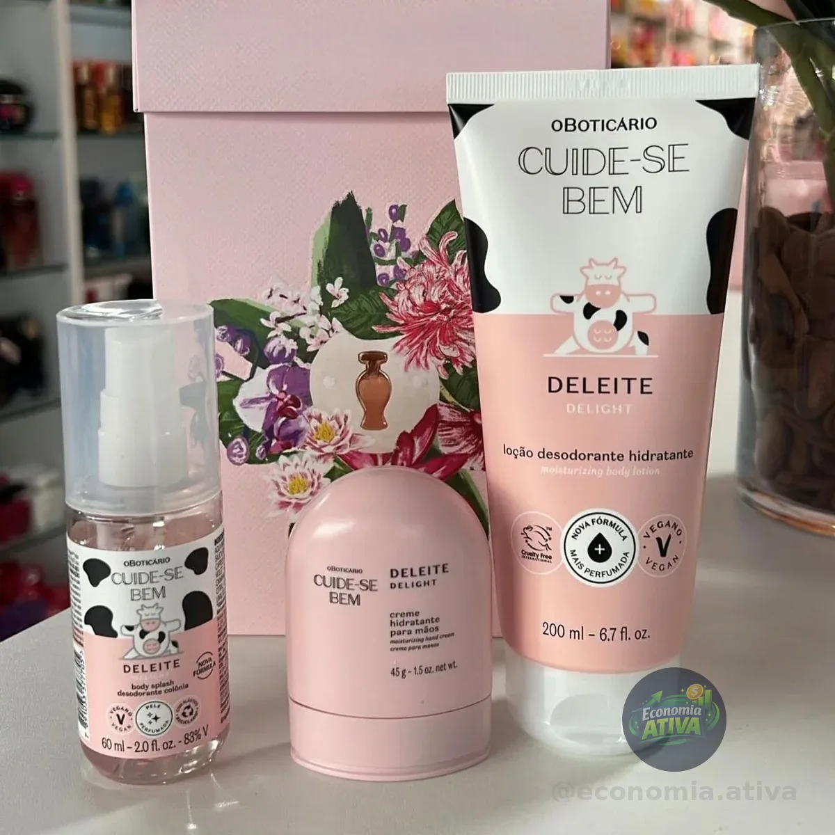 Kit Boticário Cuide-se Bem Deleite - Body Splash 60ml - Hidratante para Mãos 45g - Loção Hidratante 200ml