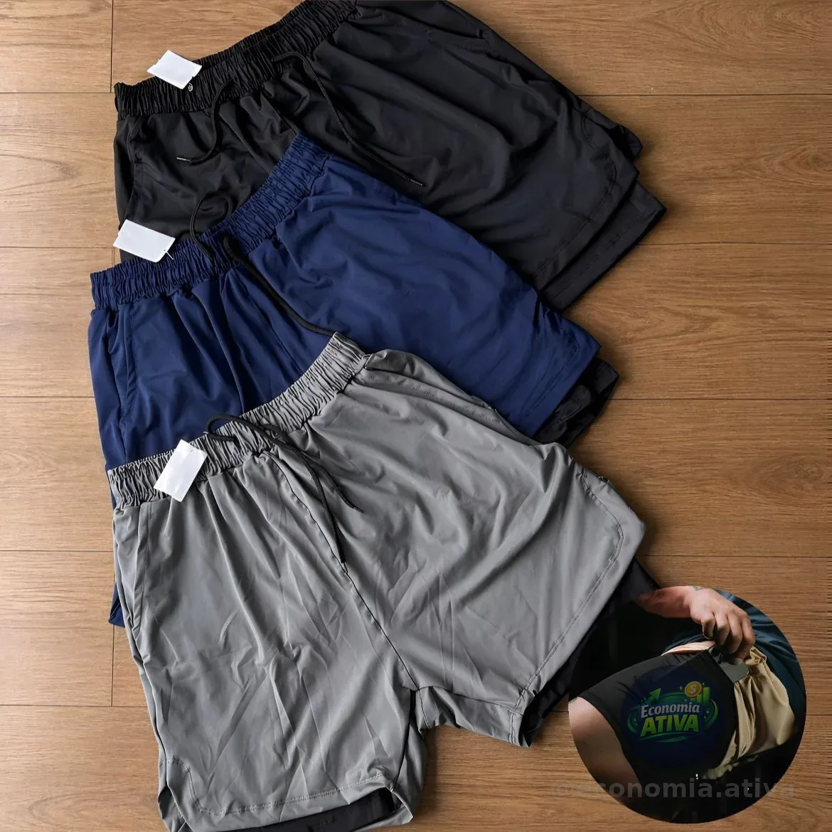 Kit 3 Shorts 2 Em 1 Duplo Bolso Para Academia Treino Corrida