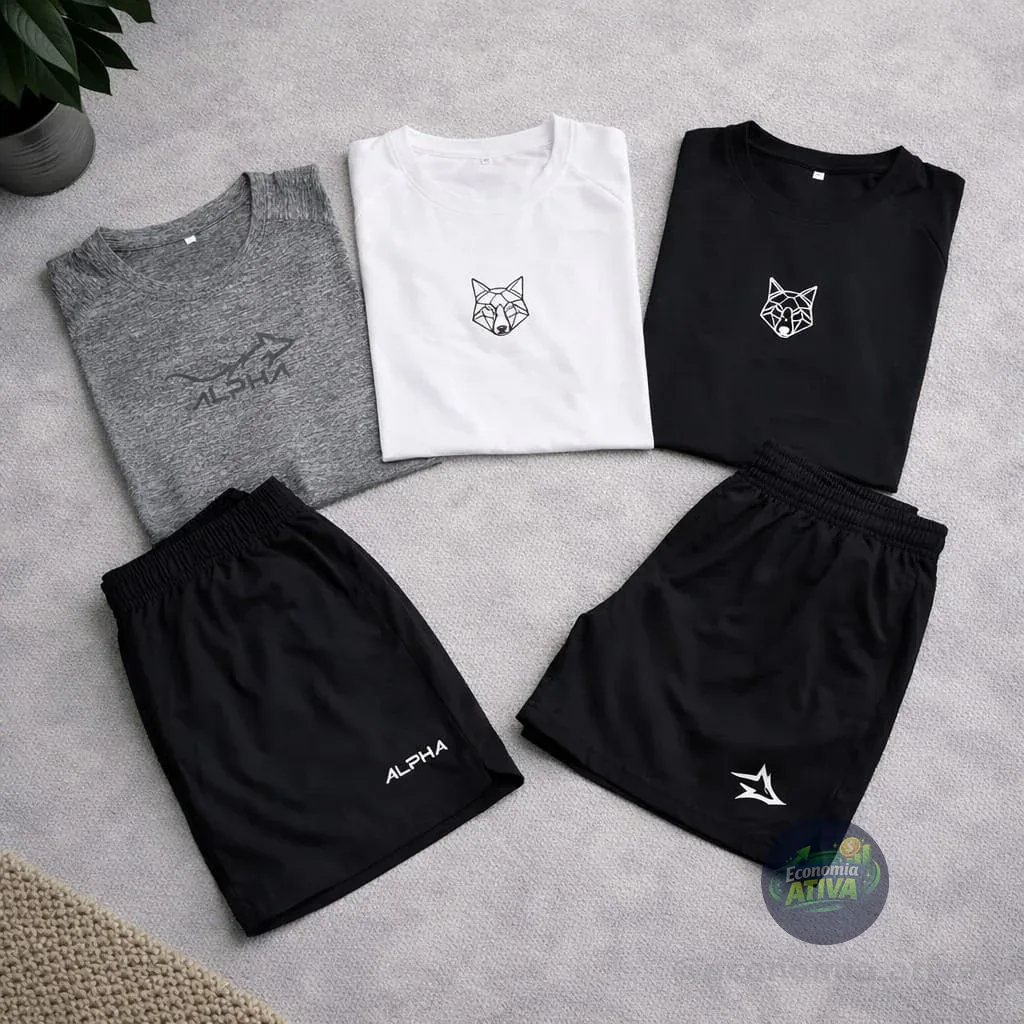 Kit 5 Peças Dry 3 Camisetas e 2 Bermudas Alpha Co