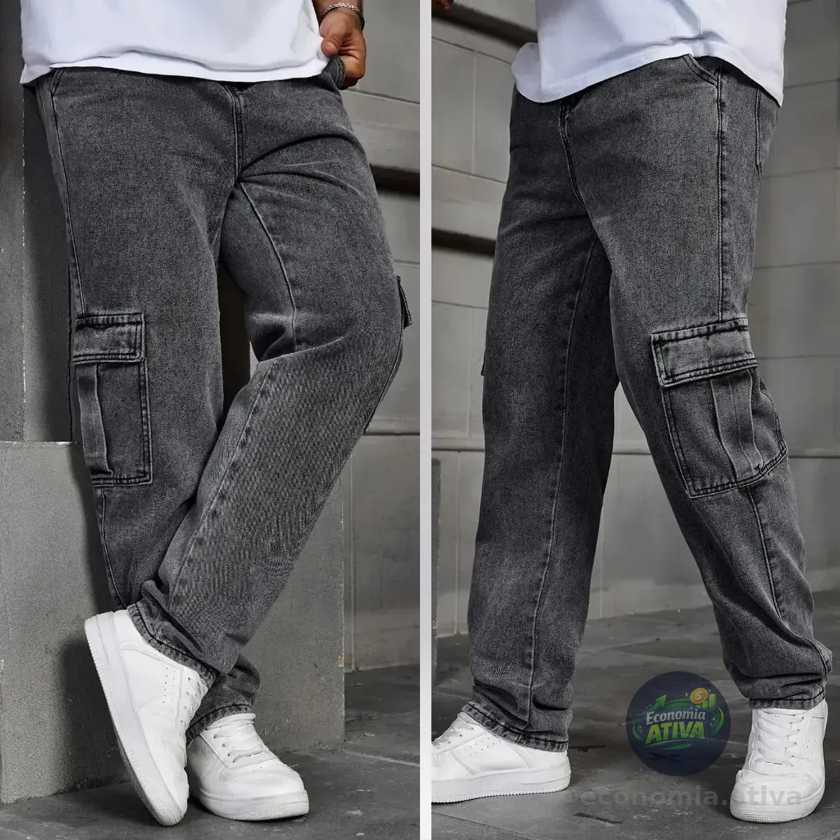 Calça Cargo Jeans Cós Elástico Larga Streetwear