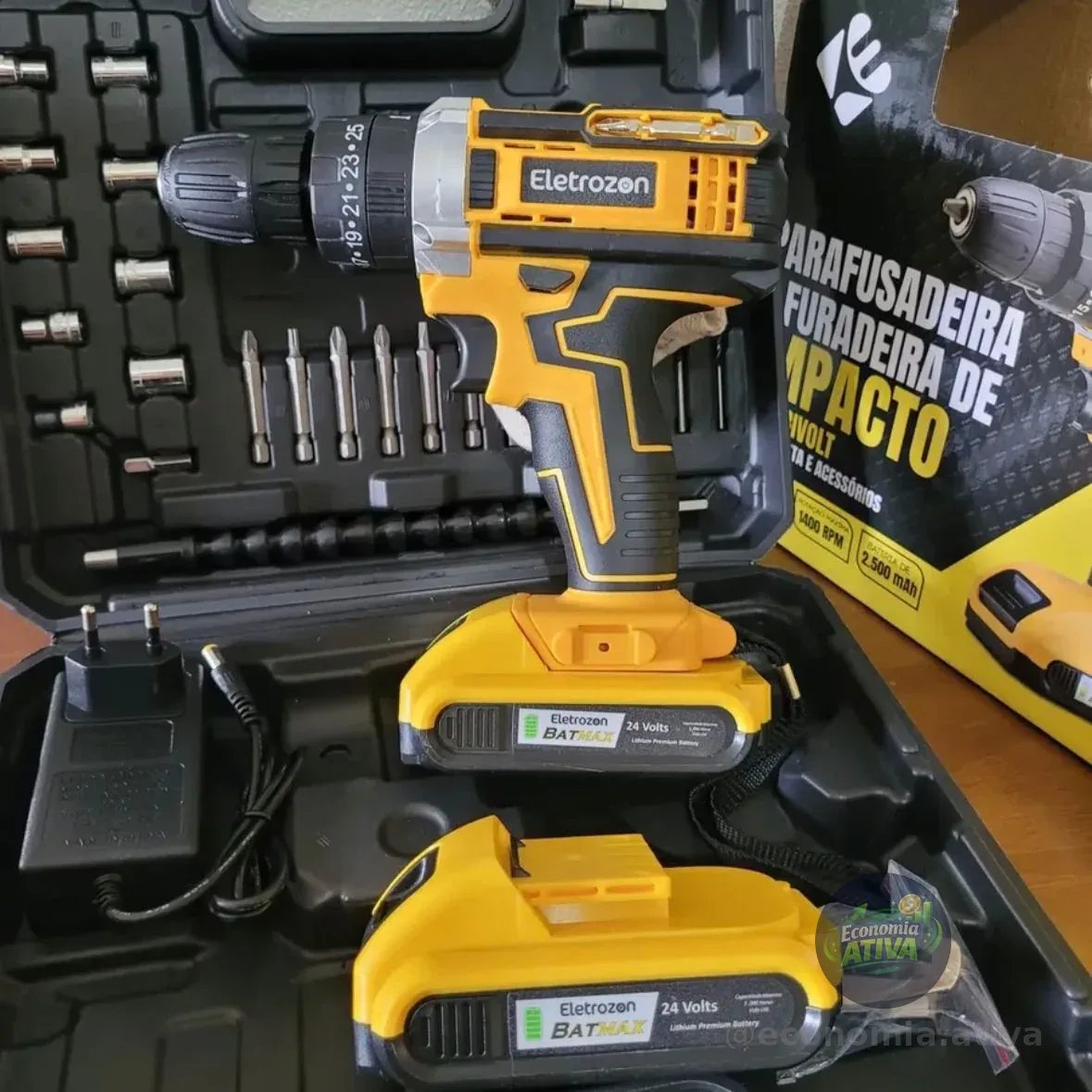 Kit Parafusadeira Furadeira De Impacto Profissional Com Luz 2 Baterias 24v Com Maleta + Acessórios Amarelo 60 Hz