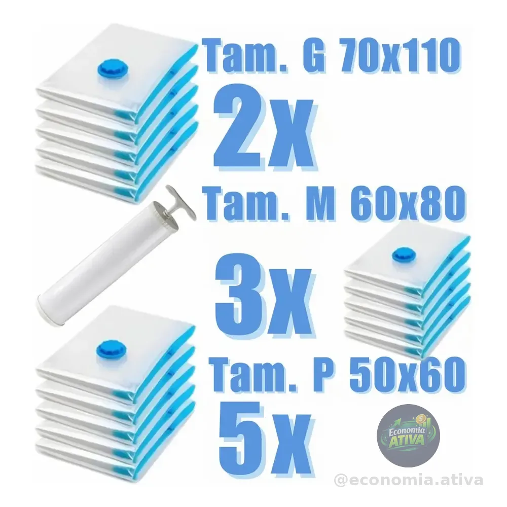 Magnow Pack Sacos A Vácuo Kit 10 Unidades Com Bomba Reutilizável Viagem Organização