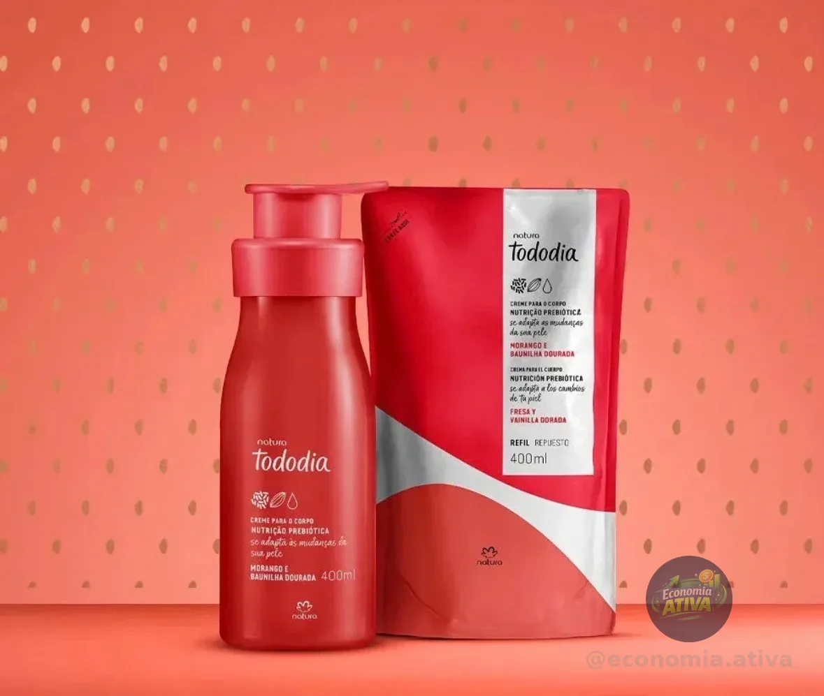 Kit Natura Tododia: - Creme Corporal Morango Baunilha Dourada 400ml - ⁠ Refil Creme Corporal 400ml