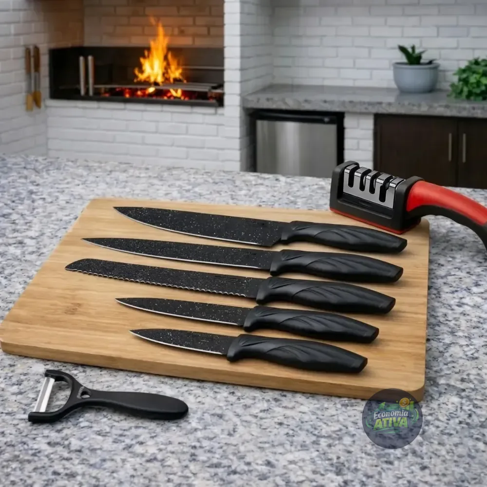 Jogo De Facas Em Aço Inox Conjunto 7 Peças Kit Premium Preto Para Churrasco Cozinha Brinde Afiador Mzcell