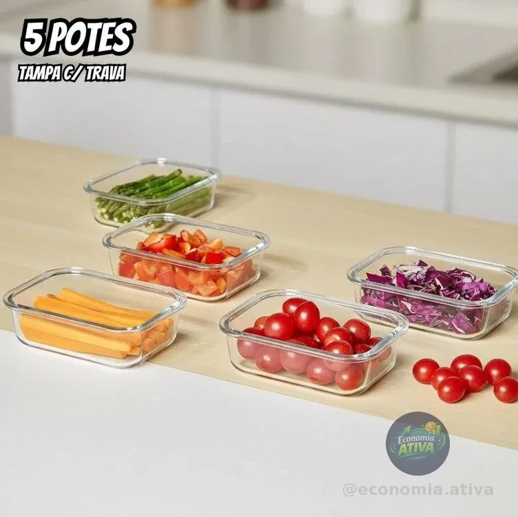 Yab - Kit 5 Potes De Vidro Marmita C/ Tampa Hermético 640ml Retangular 4 Travas Borossilicato Alimentos Micro-ondas Freezer Geladeira Transparente