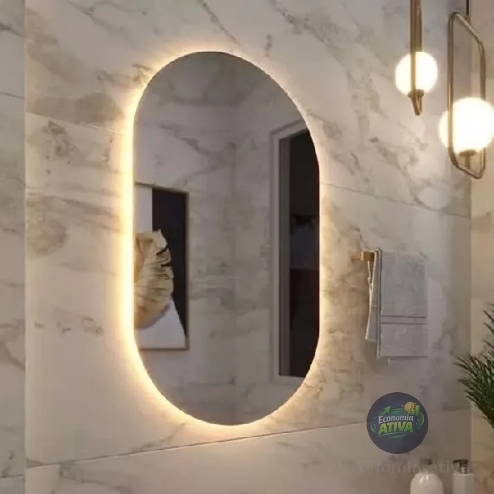 Espelho Grande De Parede Oval Com Led Orgânico  Banheiro Sala Quarto Luz Quente E Fria