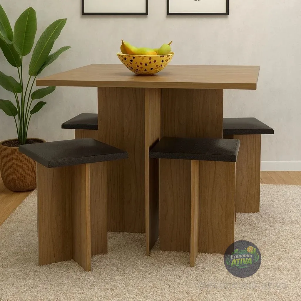 Conjunto Mesa Jantar Cozinha Pequena Compacta E Bancos 4 Lugares