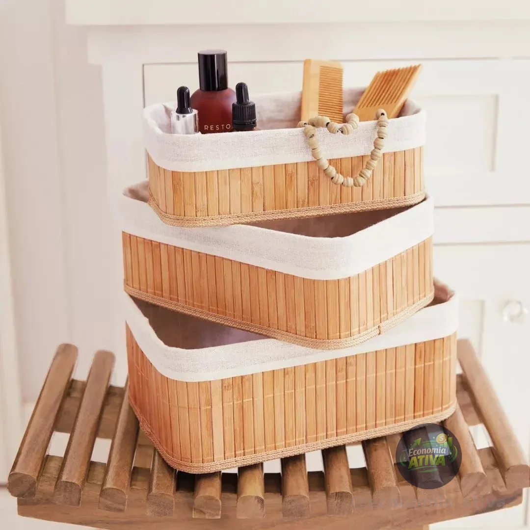 Kit 3 Cestos Organizador De Bambu Com Forro Multiuso Grande Natural