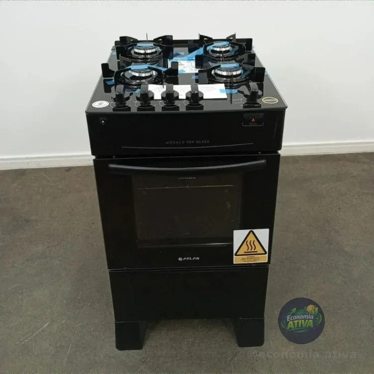 Fogão 4 Bocas Atlas Mônaco Top Glass Com Mesa De Vidro E Acendimento Automático Preto Bivolt 127/220v