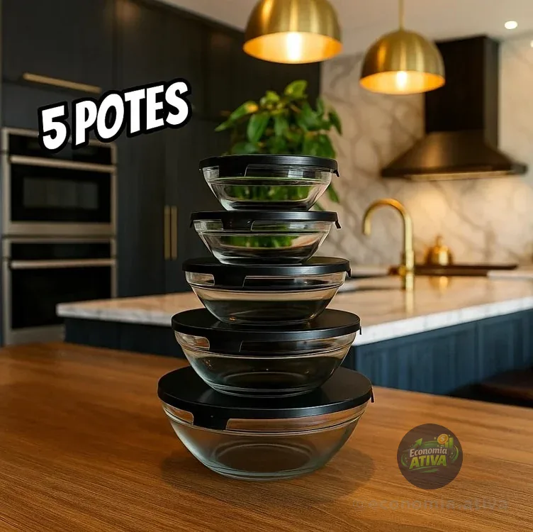 Conjunto de 5 Bowls de Vidro com Tampa Preta, Recipientes Herméticos para Alimentos, 140ml a 930ml, Transparente