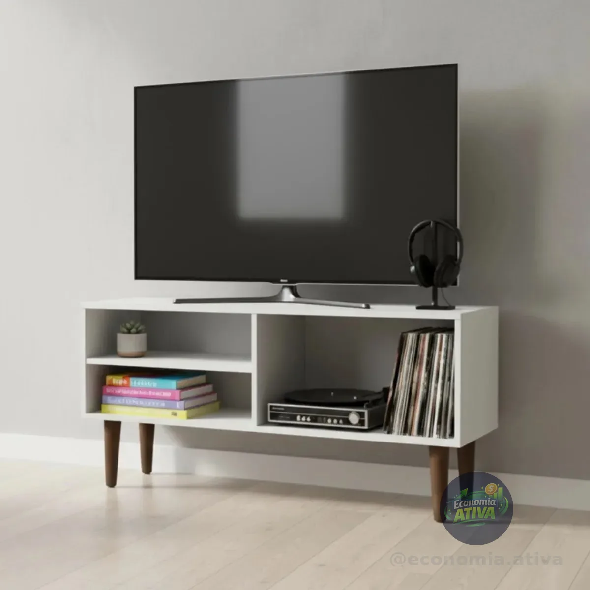 Rack Prateleira Bancada Sala Tv Pé Retro 90cm Aparador Apoio Tv Até 50 Polegadas Pequeno Sala Quarto Canto Compacto... Branco