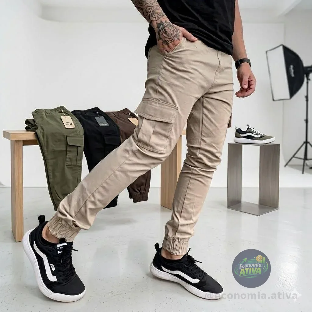Calça Jogger Cargo Masculina Sarja Calca Streetwear Punho