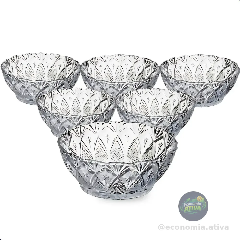Jogo De Sobremesa Tigela Bowl 6 Peças Em Vidro Desenhado