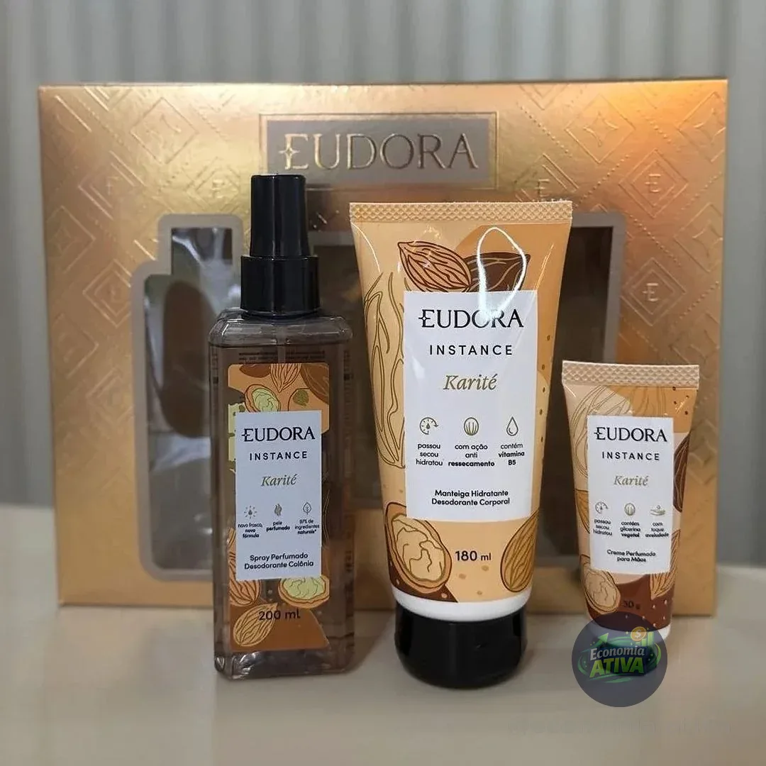 Eudora Kit Presente Instance Karité (3 Itens) - Hidratante 180ml - Creme para mãos 30g - Body splash 200ml