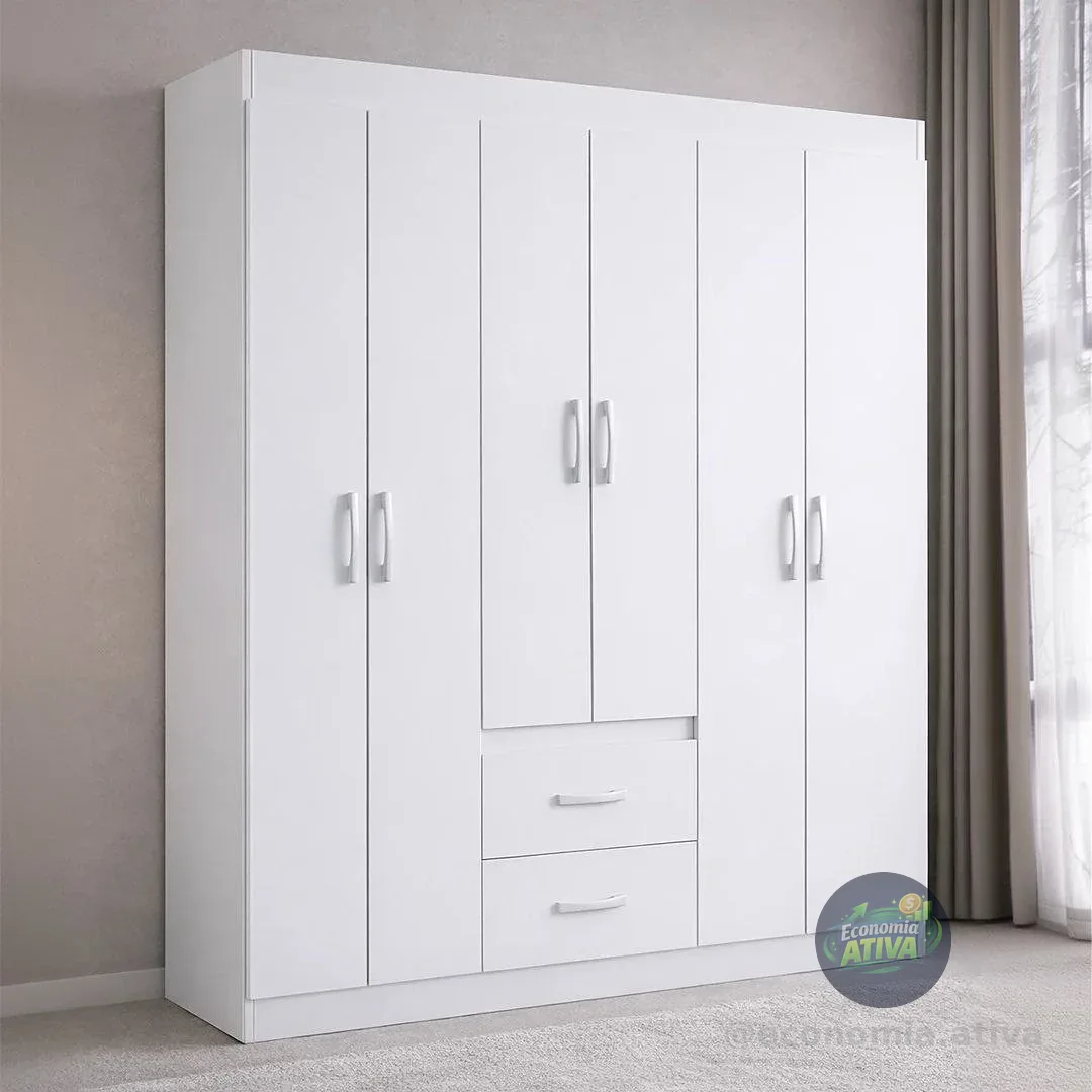 Guarda Roupa Solteiro 6 Portas 2 Gavetas Sidney Doripel Cor Branco