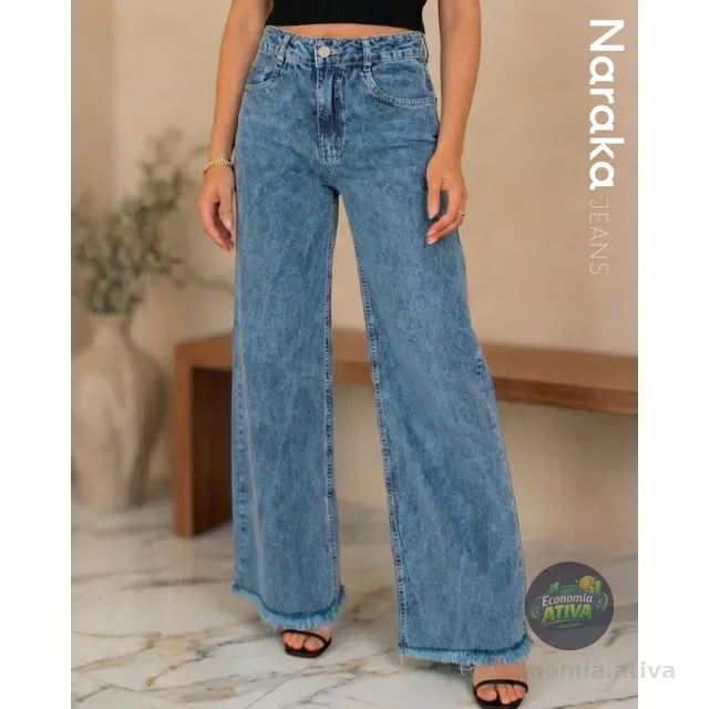 Calça Wide Leg Jeans Feminina Cintura Alta Levanta Bumbum