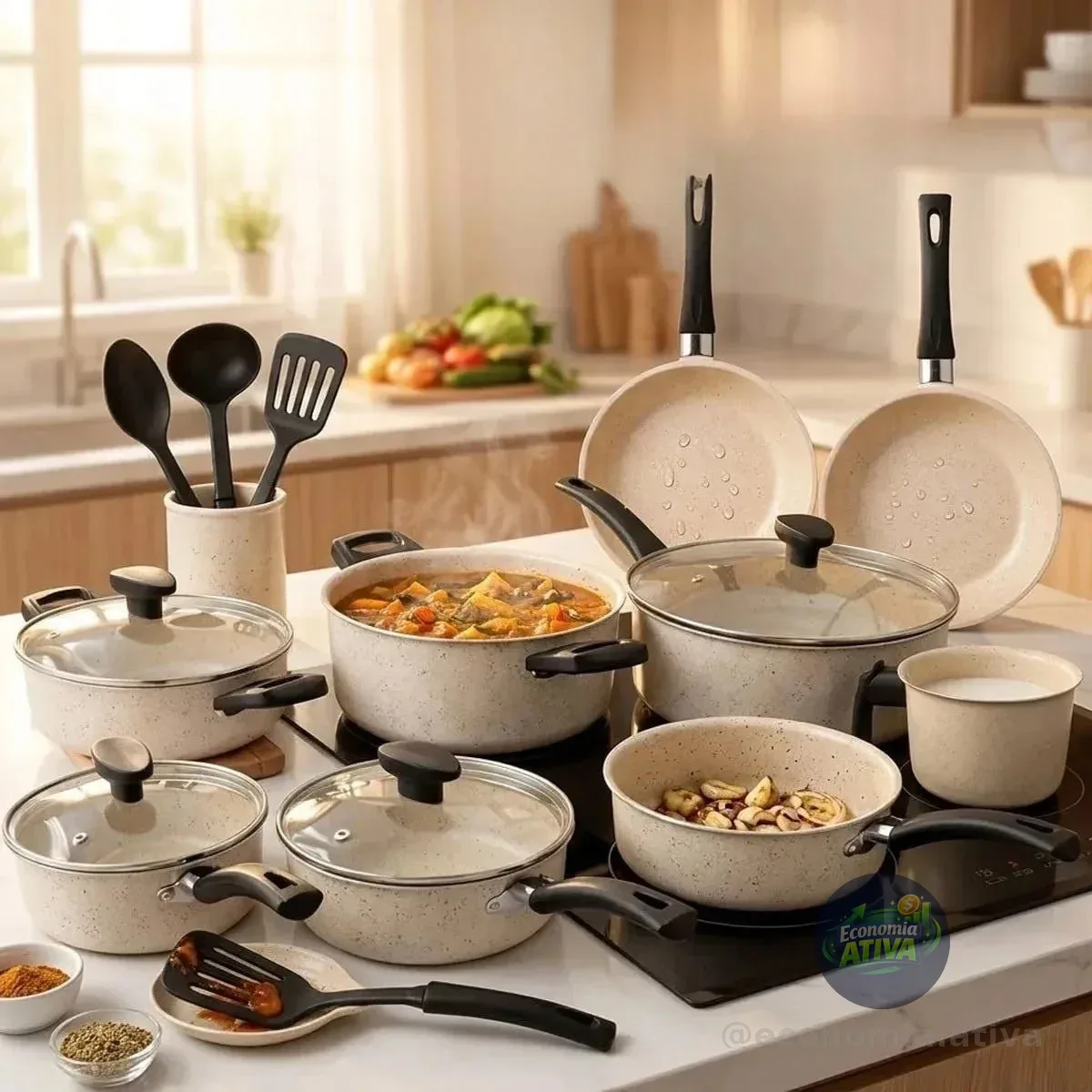 Jogo De Panelas 13 Peças Antiaderente Kit Cozinha Completa Marfim Bianco Vanilla