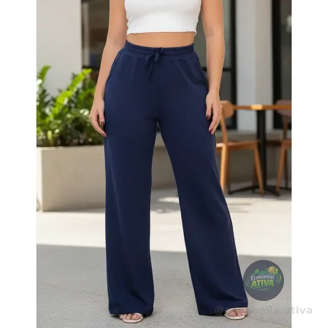 Calça Pantalona Feminina Lanzinha Cintura Alta Com Bolso