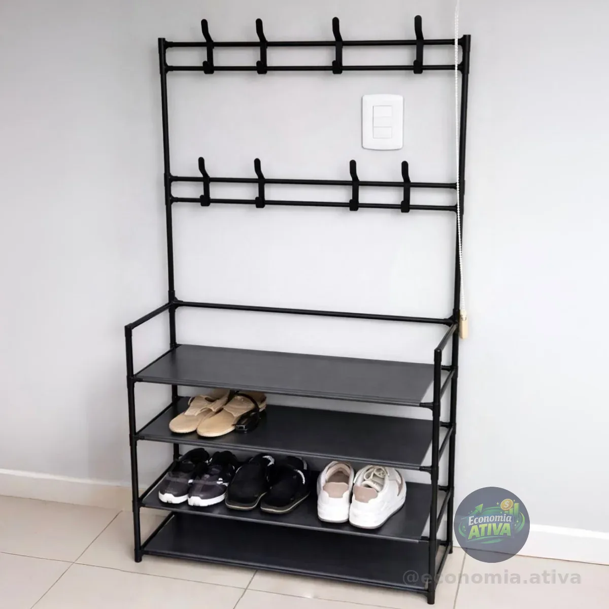 Sapateira Organizador Porta Sapatos 12 Pares Com 8 Ganchos Cabideiro Arara Roupas Sapatos Bolsas Cor Preto