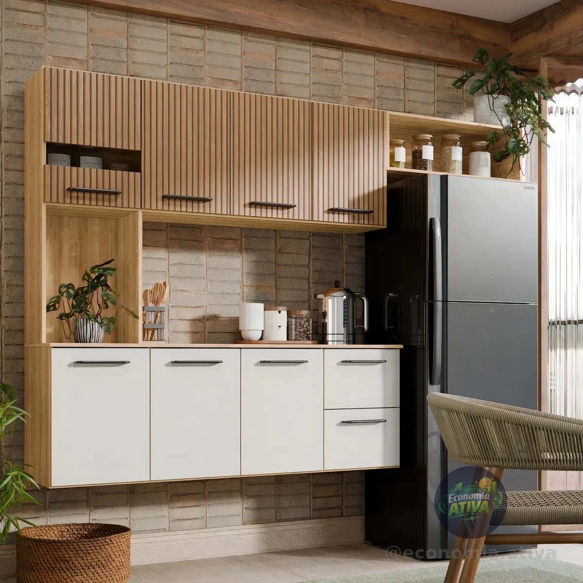 Armário De Cozinha Completa Aéreo 7 Portas E 2 Gavetas Planejada Suspenso Branco Off White Ripado Carvalho Nature Amadeirado Off Ripado