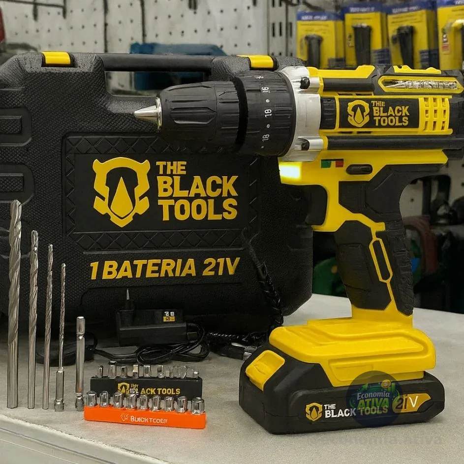 Parafusadeira Furadeira De Impacto A Bateria 21v 3/8 Bivolt 1400 Rpm Com Acessórios E Maleta Tb-21pzw The Black Tools Amarelo 127/220v 60 Hz