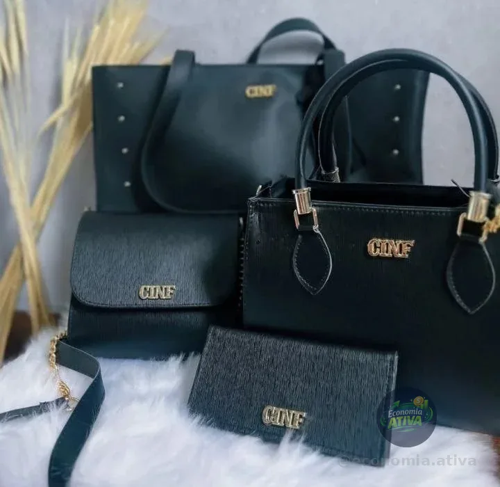 Kit Bolsas Feminina Sacola Transversal Tira Colo Carteira Cor Preta Liso Ouro Preto
