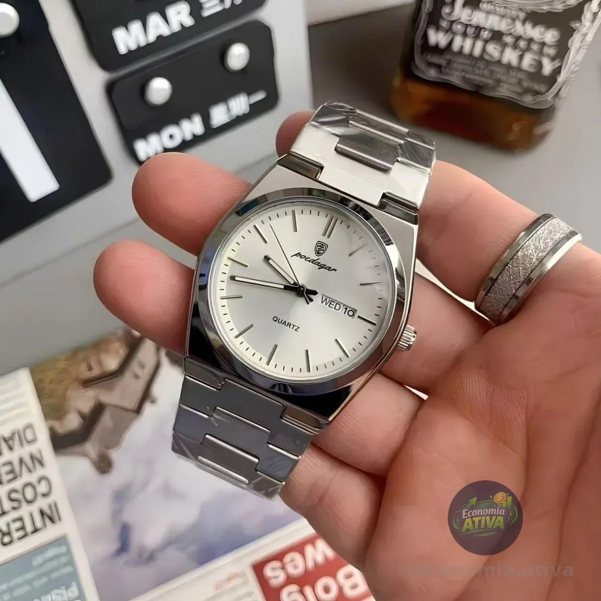 Relógio Masculino Luxo Poedagar Old Money Aço Quartzo Prata Prateado Clássico Branco Capra Pink