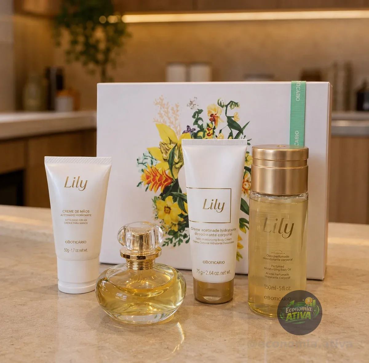 O Boticário Lily Kit Presente (4 Itens) - Lily Eau de Parfum 30ml - Óleo Perfumado Corporal Lily 150ml - Creme de Mãos Lily 50g - Creme Corporal Lily 75g