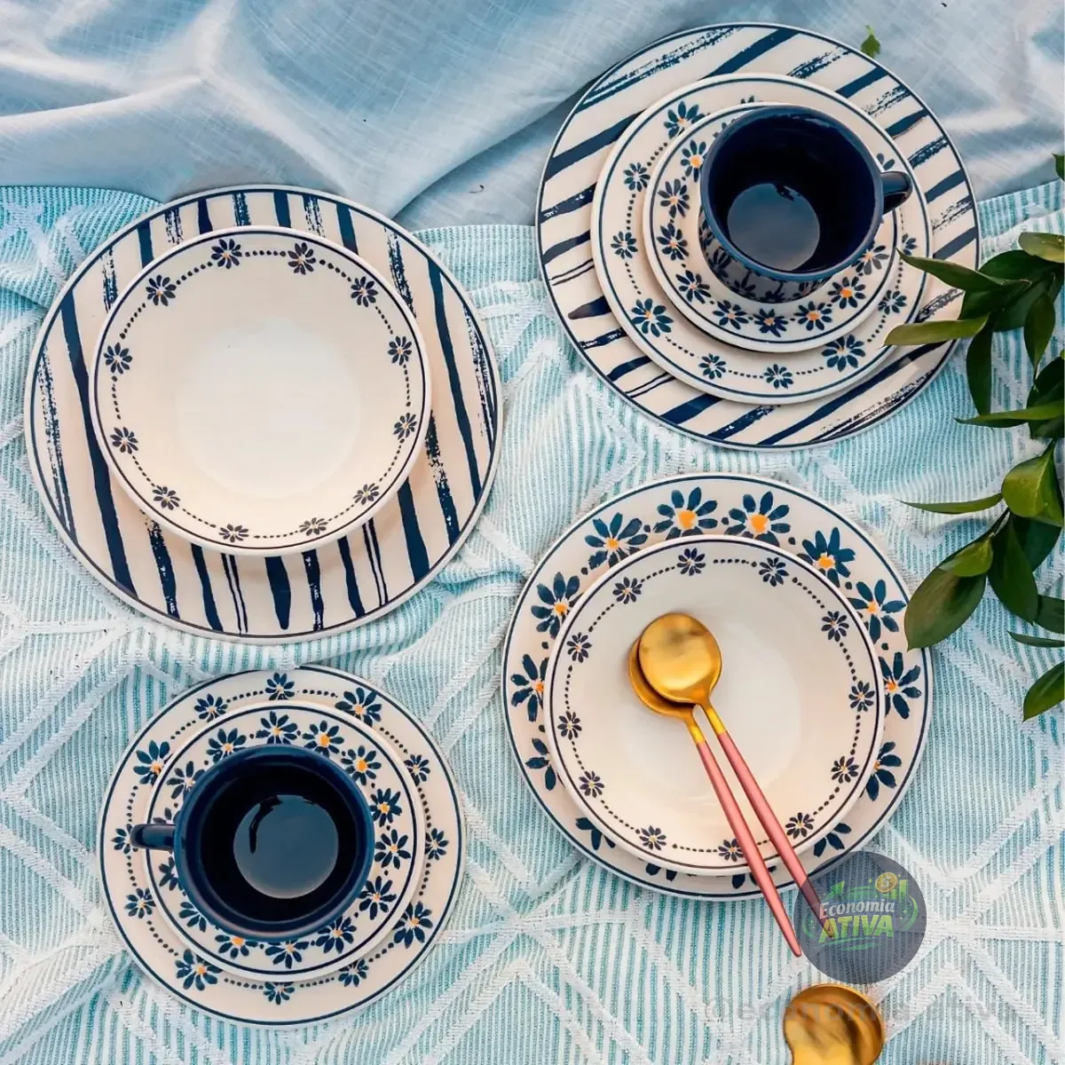 Jogo De Jantar 20 Peças Biona Cerâmica Donna Margaridas Branco Azul E Amarelo