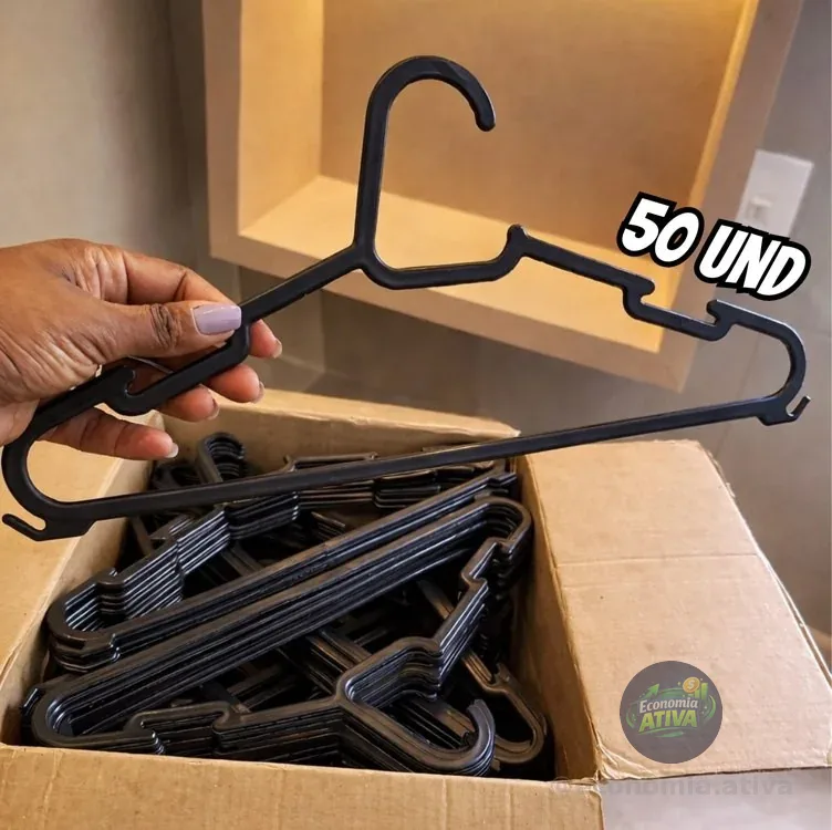 Kit 50 Cabides De Plástico Preto Para Roupa Adulto Reforçado