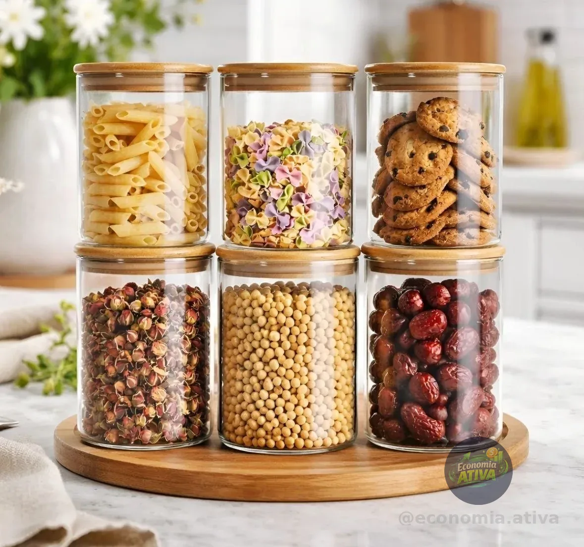 Kit 06 Potes de Mantimentos Herméticos 300ml Pote Redondo Vidro Tampa De Bambu - Ideal Para Temperos Grãos Café Açucar Snacks Condimentos | Organização Elegantes Frescos Praticos Modernos