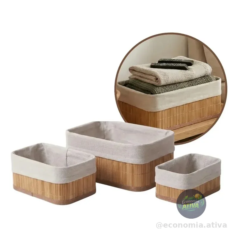 Kit 3 Cestos Organizadores De Bambu Multiuso Com Forro Cestos Bambu Forro Lavável Retangular Armazenar Objetos Organizadores Retangulares Multiuso Casa Shokki Natural