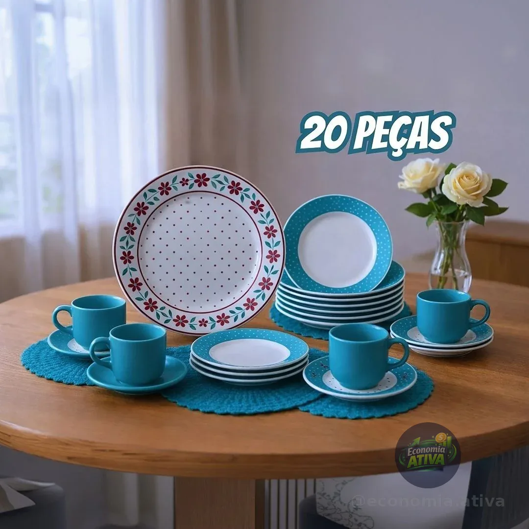 Aparelho de Jantar e Chá 20 Peças Biona de Cerâmica Redondo Branco e Azul Claro Donna Oxford