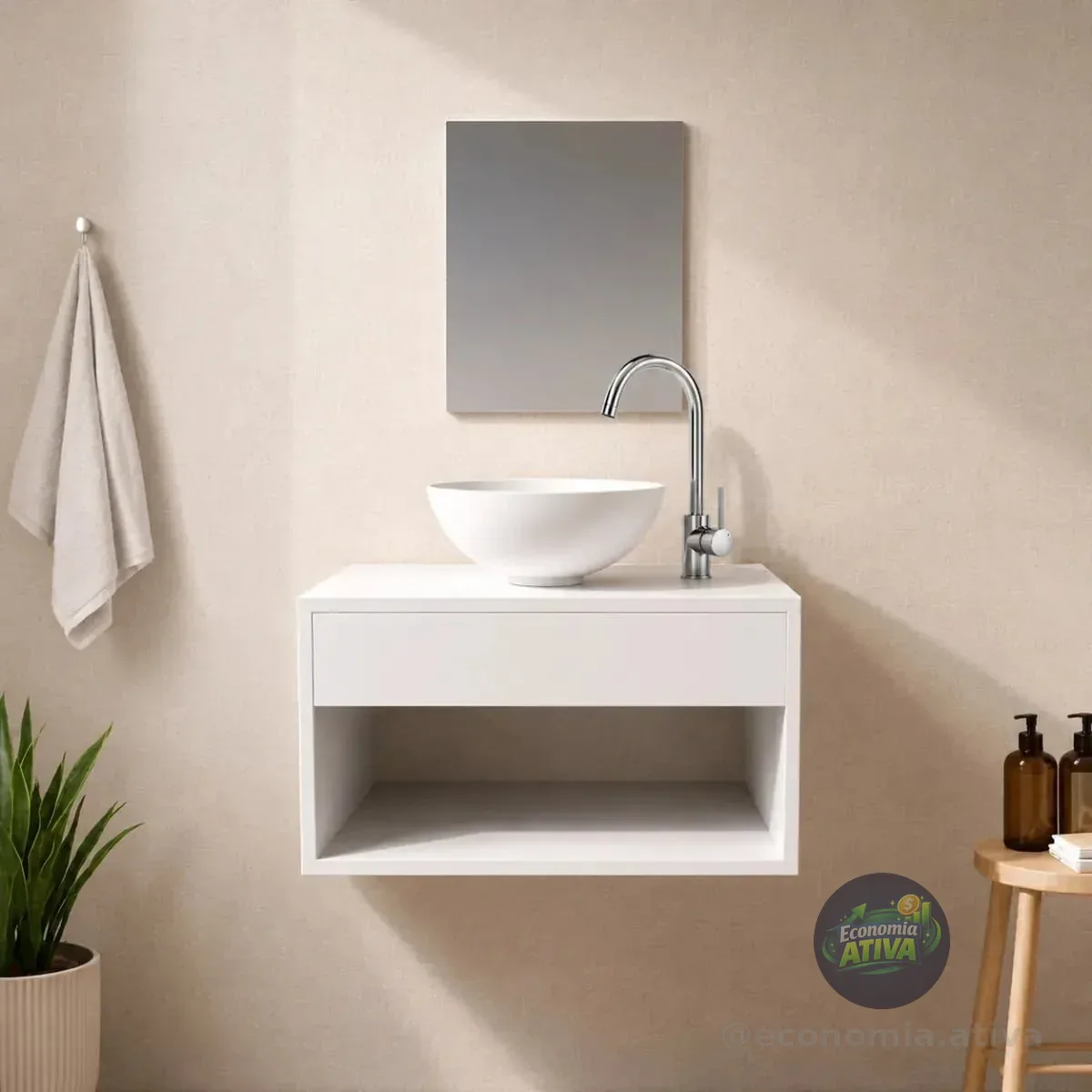 Gabinete Armário Banheiro 50cm Branco Cuba Redonda Suspenso Lavabo Lavatório Pia Um Furo