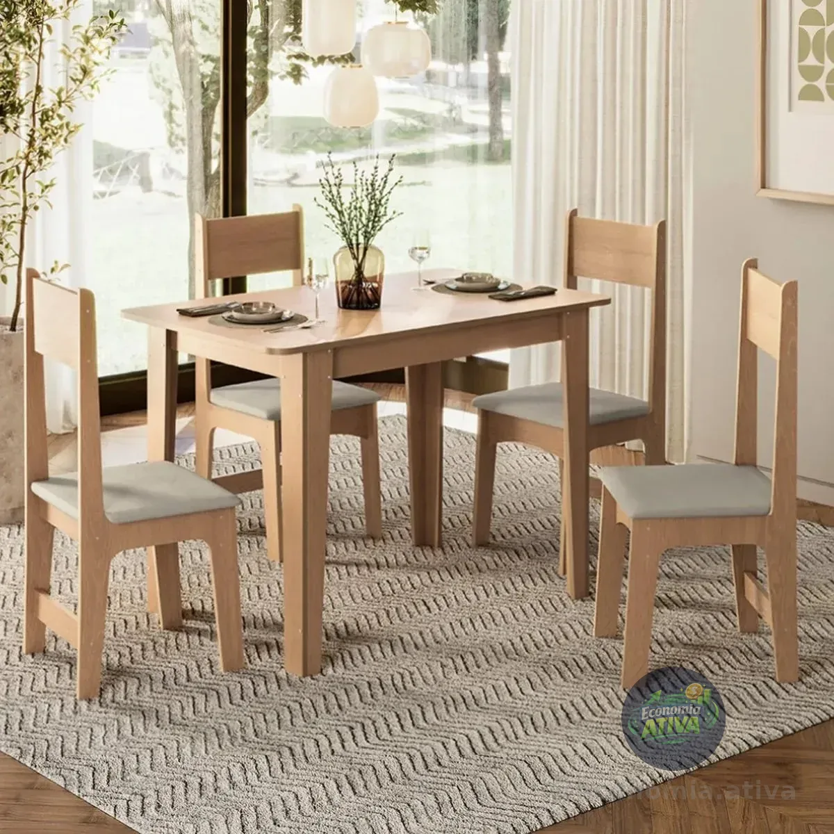 Conjunto De Jantar 4 Lugares Com Mesa Retangular Tampo Mdf Mel/bege