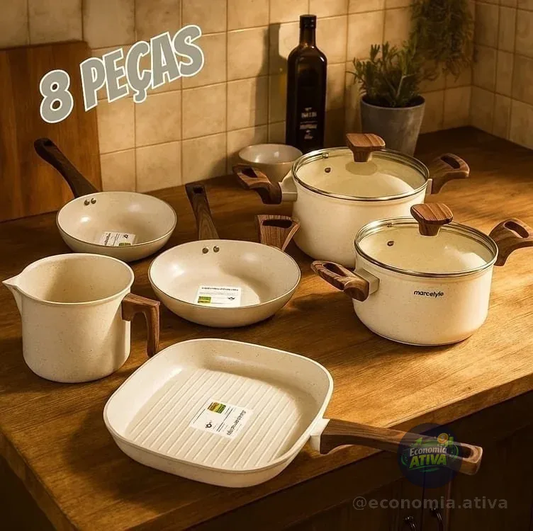 Conjunto Panelas 8pcs Vanilla Revestim. Cerâmica C/ Indução Baunilha