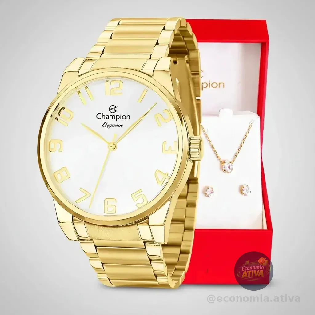 Kit Relógio Feminino Champion Dourado Analógico Cn27652w Pulseira Em Aço Inoxidável Prova D´agua 50 Metros + Colar E Brincos Presente Perfeito Branco