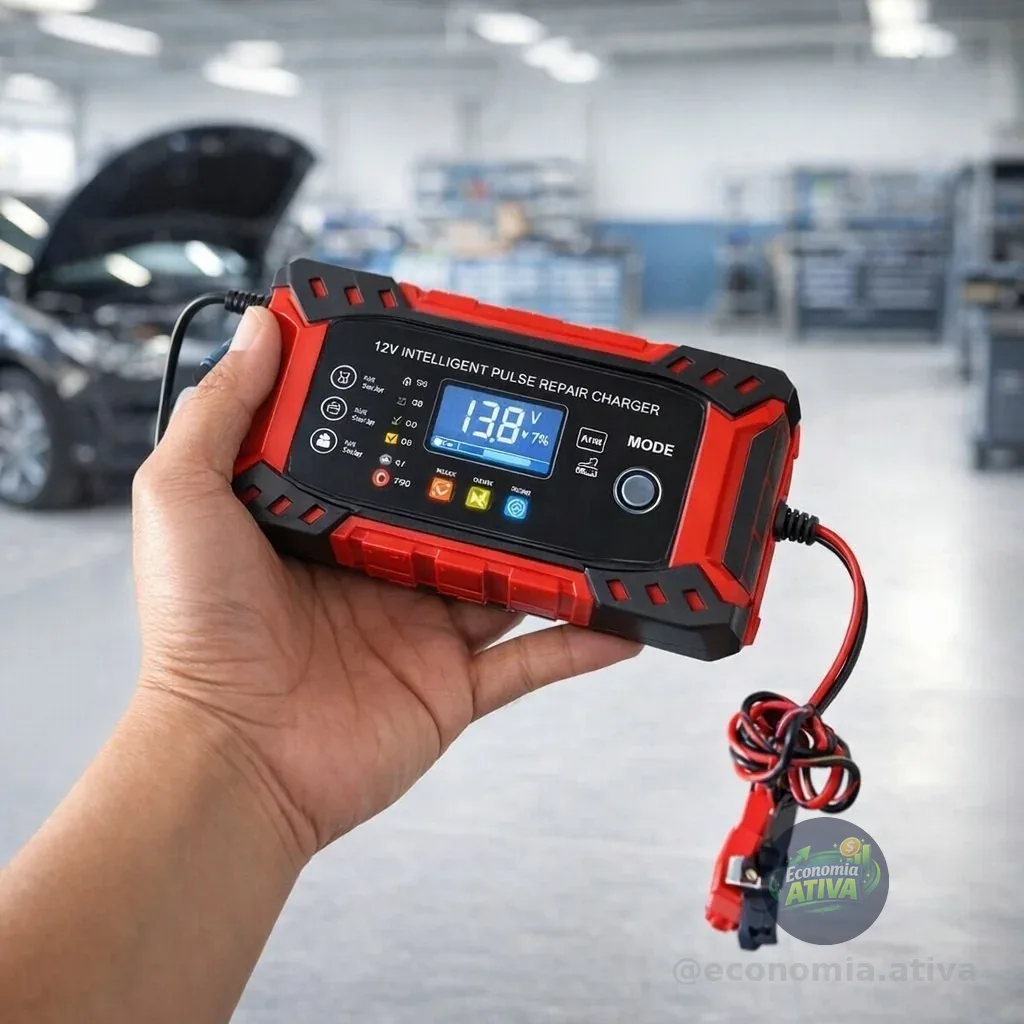 Carregador De Bateria Automotivo, Bivolt, Inteligente 12V 6A Para Carros Motos Caminhão Jetski Com Tela Digital, Segurança Contra Sobrecarga e Superaquecimento, Linha Premium Automotiva (Vermelho)