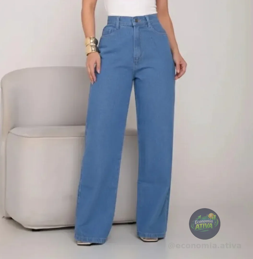 Calça Jeans Wide Leg Feminina Cintura Alta Pantalona Jeans Claro Liso 40