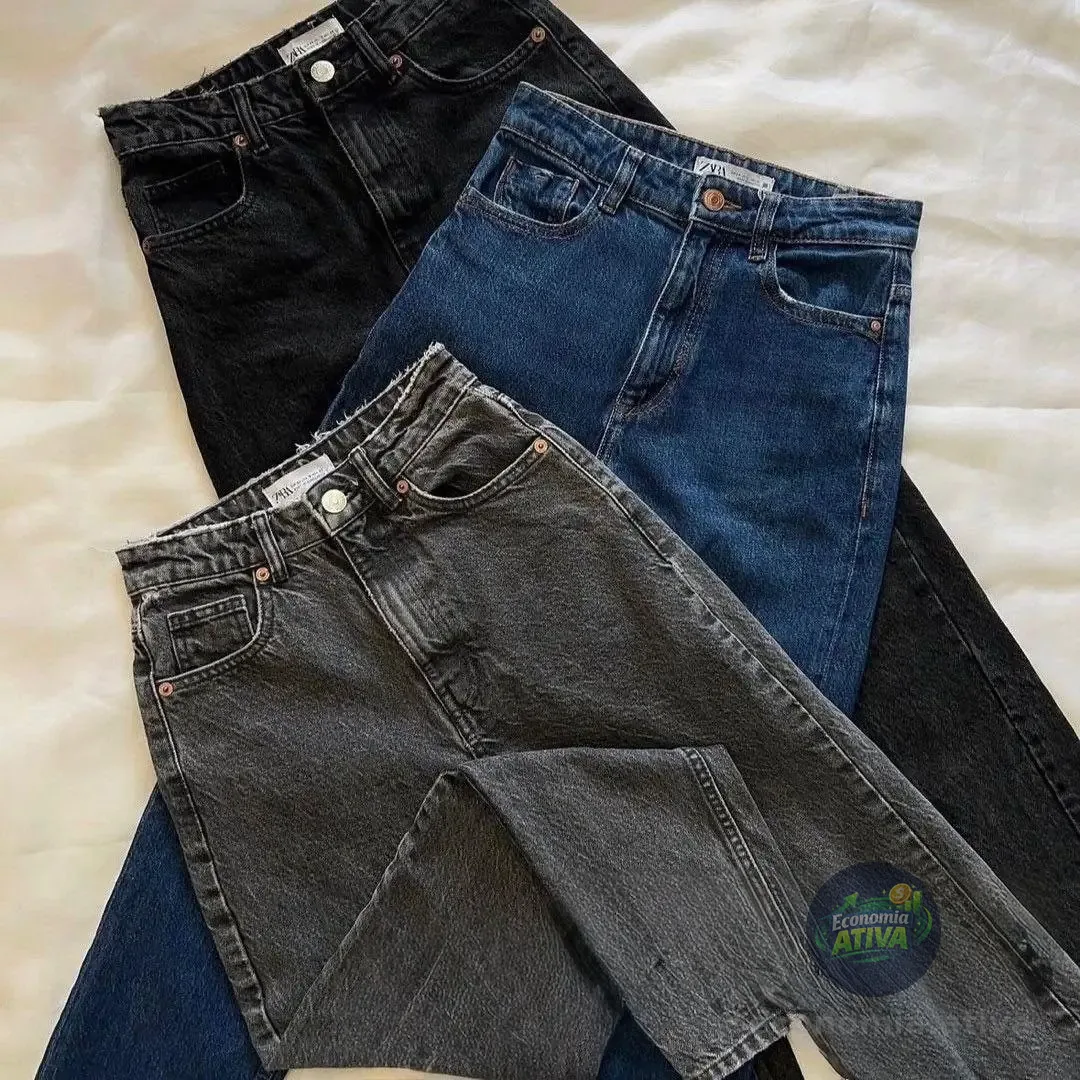 Calça Mom Jeans Feminina Cintura Alta Marmorizada