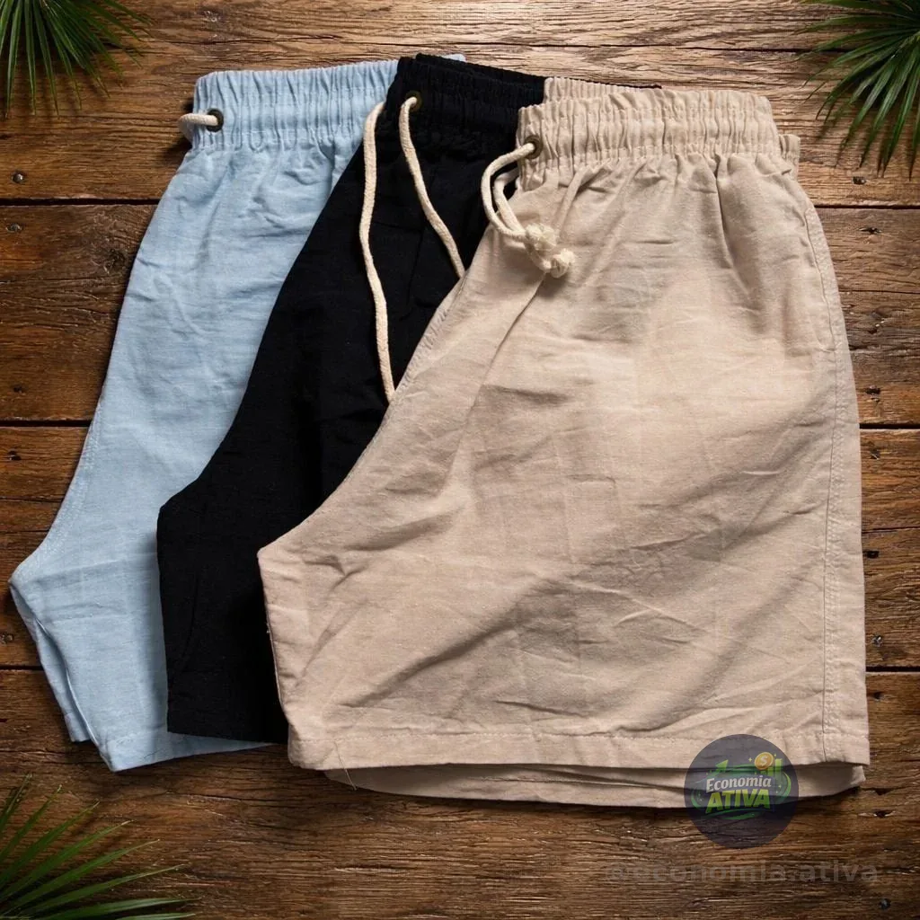 Kit 3 Shorts Linho Bermuda Masculina Estilo Urbano Cadarço