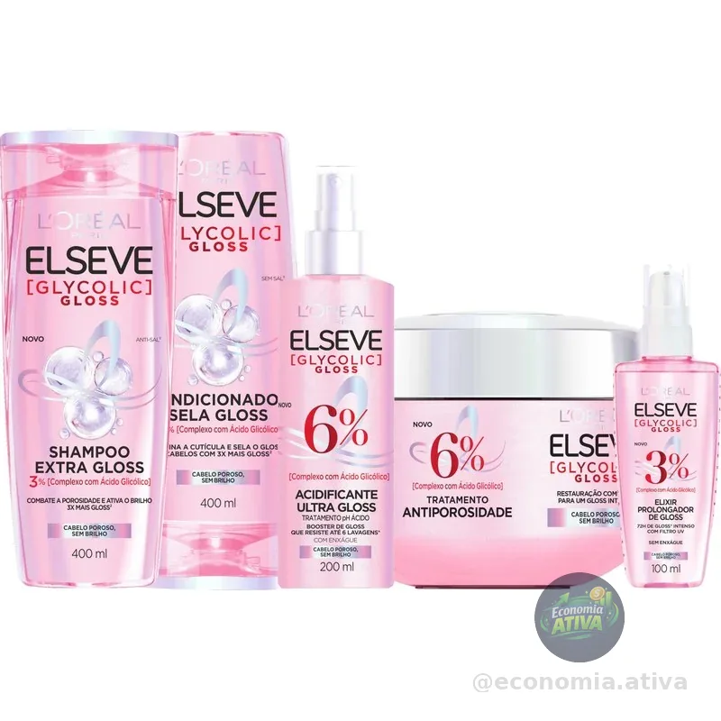 Kit Tratamento Capilar L'Oréal Paris Elseve Glycolic Gloss, Combate Porosidade, 5 Produtos para Brilho e Alinhamento