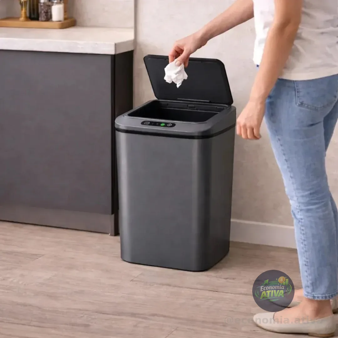 Lixeira Inteligente Sensor Automático 16l Cinza Smart Recarregável Para Banheiro E Cozinha